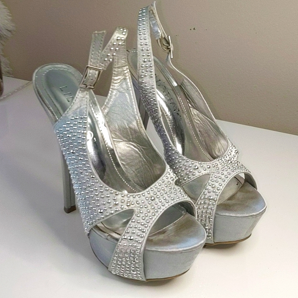 Silver studded slingback platform heels